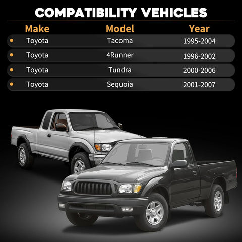 Two Toyota trucks compatible with Front Wheel Hub Bearing Replacement For Tacomas, 4Runners, Tundras, And Sequoias 1995 Through 2007