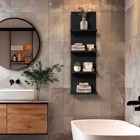 Upgrade Your Walls No Fuss Needed, Four Tier Black Corner Shelves For Room And Kitchen Decor, Vertical Floating Display Rack For Makeup Perfume And Plants, Solid Floor Space Savior With Sleek Finish