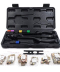Skull Pivot Thrust Rivet Nut Tool Kit with 6 Metric And Sae Mandrels Plus 60 Pcs Threaded Inserts Makes Installing Rivnuts A Total Breeze For Any Pro Or Diy Guy Looking To Get It Done Fast With Ease. black case open with rivet nut tool and inserts