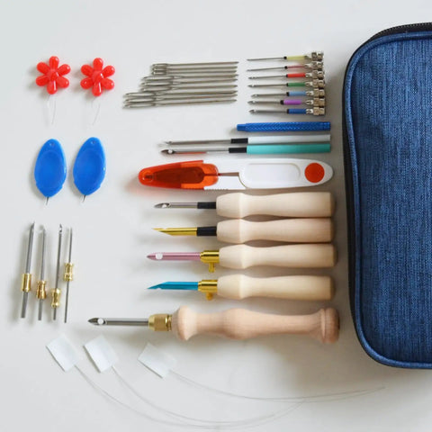 Top view of All In One Starter Punch Needle Embroidery Kit For Adults Beginners With Adjustable Tools And Wooden Handle Pen Set
