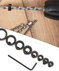 Adjustable Drill Depth Stop Collars Precision Guide Rings With Wrench For Consistent Hole Depths And Diy Projects Absolute Must Haves For Any Weekend Warrior Black, featuring eight sizes of black steel rings and a hex wrench.