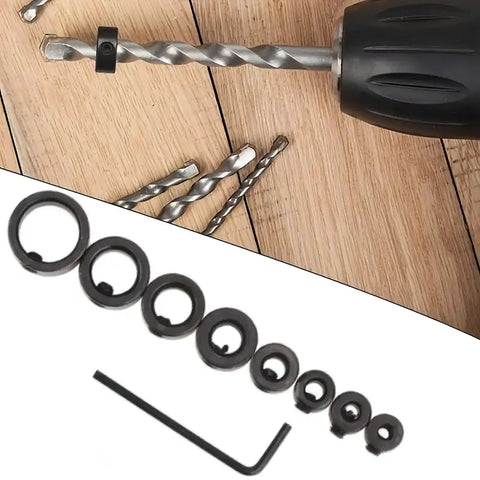 Adjustable Drill Depth Stop Collars Precision Guide Rings With Wrench For Consistent Hole Depths And Diy Projects Absolute Must Haves For Any Weekend Warrior Black, featuring eight sizes of black steel rings and a hex wrench.