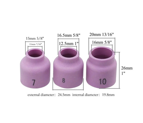 Top Notch Pro Grade TIG Welding Stubby Gas Lens Alumina Nozzles And Ceramic Cups 10 Pack Five Eighths Inch 16mm 54N12SW shown size info