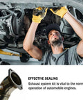 Mechanic working under car with Beefy 2.5 Inch Two Bolt Exhaust Flange Repair Kit With Premium Stainless Steel Muffler Gasket And Rugged Exhaust Bolts.