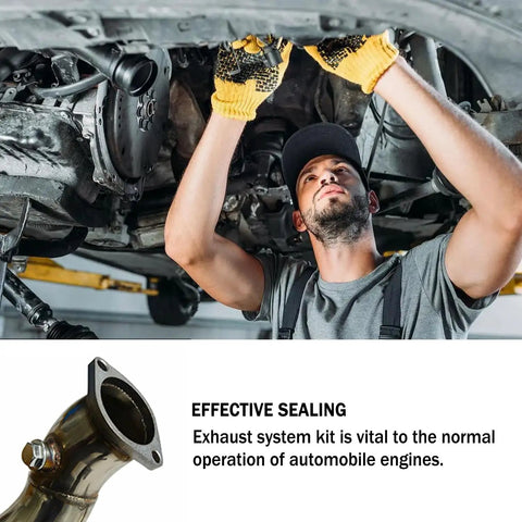 Mechanic working under car with Beefy 2.5 Inch Two Bolt Exhaust Flange Repair Kit With Premium Stainless Steel Muffler Gasket And Rugged Exhaust Bolts.