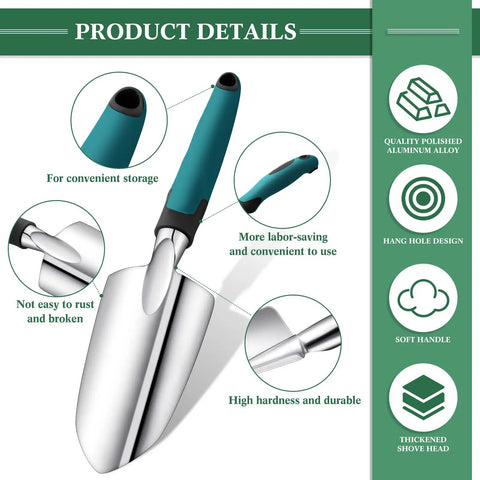 Two Piece Garden Hand Trowel Set With Aluminum Alloy Bodies And Rubber Handles Dual Style Cultivating Tools With Inches And Centimeters Depth Scales Ideal For Digging Holes Transplanting Planting And Garden Care displayed with features like soft grip and durability