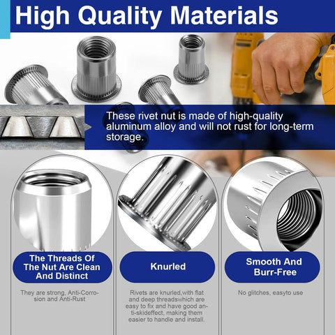 1/4-20 Aluminum Rivet Nuts Set With Threaded Inserts Rivnuts UNC Nutserts shown with threading and knurled features