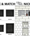 Mix and match recessed shower niche shelf in black, one inner shelf, 16 W x 14 H x 4 D, tile ready built in storage solutions displayed.