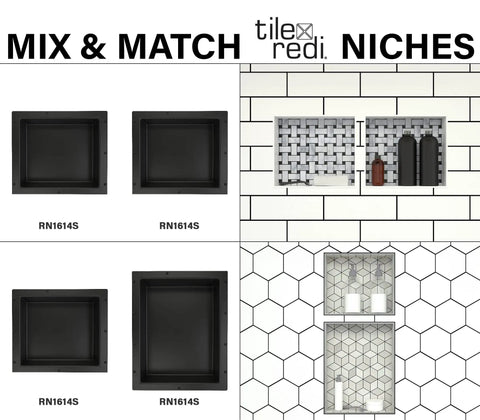 Mix and match recessed shower niche shelf in black, one inner shelf, 16 W x 14 H x 4 D, tile ready built in storage solutions displayed.