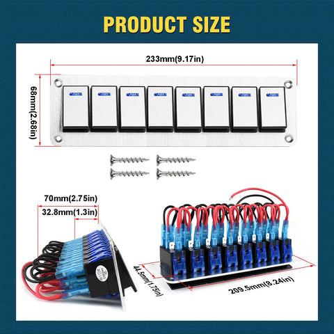 Beefy 8 Gang Marine Rocker Switch Panel Waterproof 12 24V Prewired Aluminum Toggle Switch With LED Indicator size dimensions