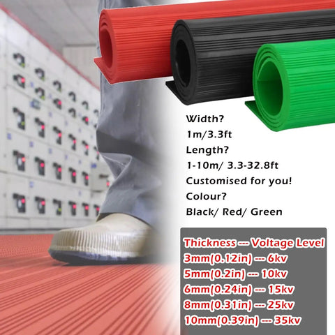 Top Notch Job Site Ready Heavy Duty Rubber Insulating Mat with red and black rolls for electrical safety, customizable lengths.