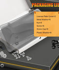 Two Pack License Plate Cover Protector For American Cars, Tough As Nails Polycarbonate Shield With Smoke Gray Finish, Bubble Bulge Design, 12.2 By 6.3 Inches, Four Mount Holes, Includes Eight By Five Screw Set, Universal Fit with packaging list showing components.