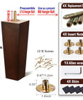 Six Inch Wood Furniture Legs Pack Of 4 Square Brown Sofa Couch Legs For Dresser Sideboard Recliner And Coffee Table Replacement Parts Heavy Duty Mid Century Chair Feet, screws, nuts, shims, and wrench