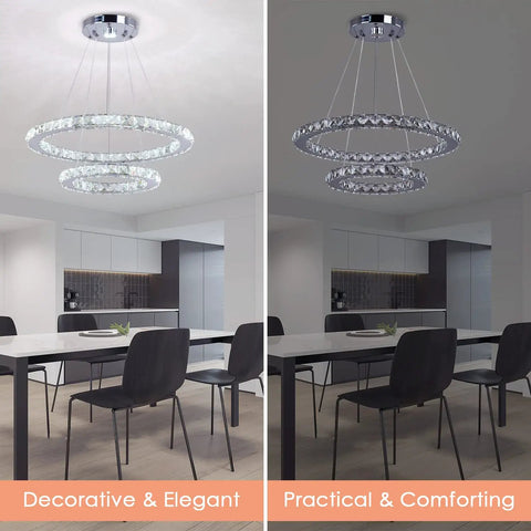LED Modern Crystal Ring Pendant Chandelier With Two Adjustable Rings And K9 Crystals, Stainless Steel Ceiling Light Fixture, 19.7 By 11.8 Inches, Adjustable Cable Height Up To 44.3 Inches, White Finish For Dining Room And Living Room