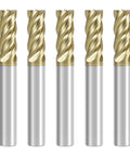 Five One Quarter Inch Carbide Square End Mill Pro Grade ZrN Coated Four Flute With Unequal Helix Design For Roughing And Finishing Solid Tungsten Carbide Set, front view.