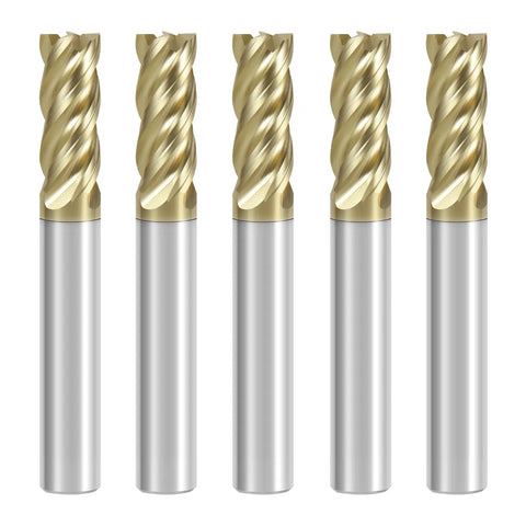 Five One Quarter Inch Carbide Square End Mill Pro Grade ZrN Coated Four Flute With Unequal Helix Design For Roughing And Finishing Solid Tungsten Carbide Set, front view.