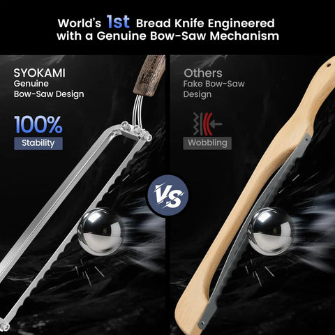World's First Real Bow Design Sourdough Bread Slicer With Razor Sharp Edge For Crusty Loaves, 420J2 Stainless Steel Kitchen Knife, Four Thickness Scale Marks, Effortless Slices Without Crumbs, Gift For Mom, Must Have Kitchen Tool, comparing genuine vs fake bow-saw design.
