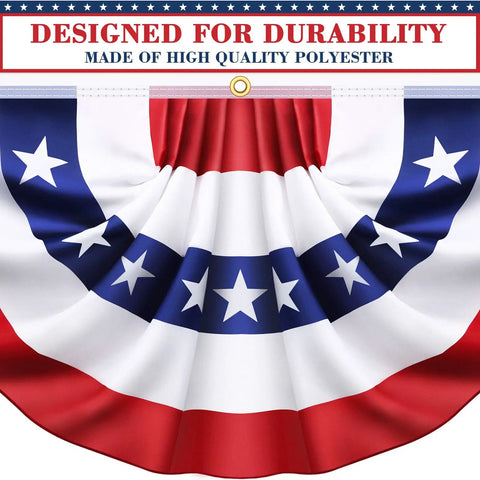 Close-up of Eight Pack Pleated Bunting Flags 1.5x3 Feet For Outdoor Use Red White And Blue with stars and stripes pattern.