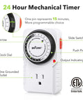 24 Hour Plug In Mechanical Timer With Built In Dial Set It And Forget It Grounded Outlet showing features and ETL listing