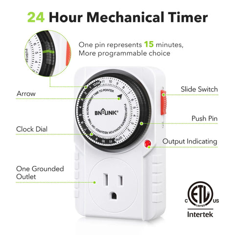 24 Hour Plug In Mechanical Timer With Built In Dial Set It And Forget It Grounded Outlet showing features and ETL listing