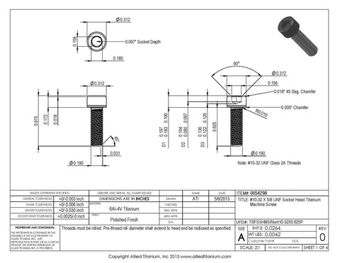 Pack Of Six Ten Thirty Two By Five Eight Inch Unf Socket Head Grade Five Titanium Machine Screws dimensions and details diagram.