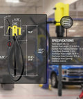 Specifications of Slick Telescopic 12V Electric Drum Pump With Inline Flow Meter and Six Point Six Foot Hose for fluid transfer.