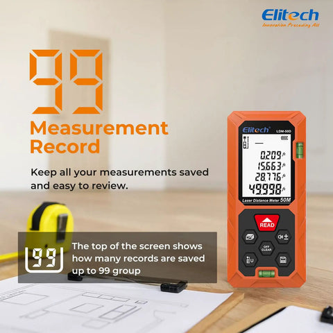 165ft Laser Tape Measure With Bubble Level for Quick, Pro Grade Accuracy and Easy Room Measurements, Digital Distance Tool for Home DIY, Renovations, and Construction Projects orange body with 99 measurement records