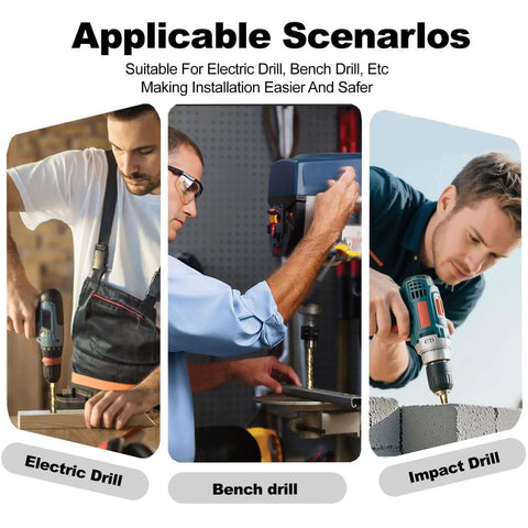 LITDDDW 10-piece masonry drill bit set; collage shows three drills: teal electric, bench, and cordless impact in use