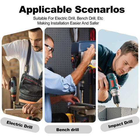 Men using electric, bench, and impact drills with the 1/4 Inch Masonry Drill Bit Set 5 Pack With Carbide Tips for various materials