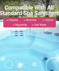 Image of hot tub water showing compatibility with spa sanitizers like Chlorine, Bromine, Ozone, and Salt Water.