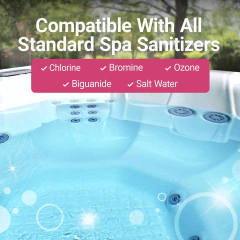Image of hot tub water showing compatibility with spa sanitizers like Chlorine, Bromine, Ozone, and Salt Water.