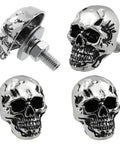 Skull License Plate Screws And Fasteners Kit For Cars Trucks Motorcycles And All Vehicles Aluminum Alloy 4 Pcs Universal Fit Silver Decorative Bolts Dope Street Ready Look For Your Ride showing 3D skull design in silver.