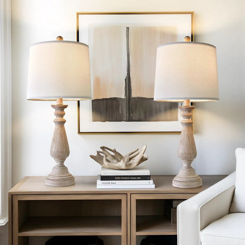 Mid Century 24.5 Inch Table Lamp Set of 2 for Living Room and Bedroom Rustic Beige Resin Bases With Linen Shade End Table Nightstand Lamps