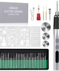 Upgrade 2 Way Rotary Electric Engraving Pen With 37 Bits Cordless USB Rechargeable showcased with accessories and metal body