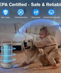 Outdoor Mosquito Zapper With LED Light And 4000mAh Battery next to a child and dog indoors, highlighting safety features, grey.