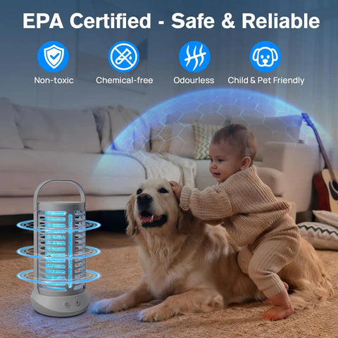 Outdoor Mosquito Zapper With LED Light And 4000mAh Battery next to a child and dog indoors, highlighting safety features, grey.