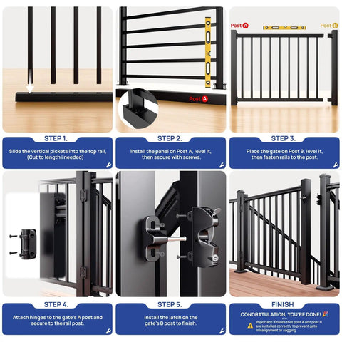 Installation steps for 4 Ft Aluminum Deck Gate Kit For 36 Inch High Railings With Anti Sag Design Auto Closing Hinge Premium Latch AAMA2604.
