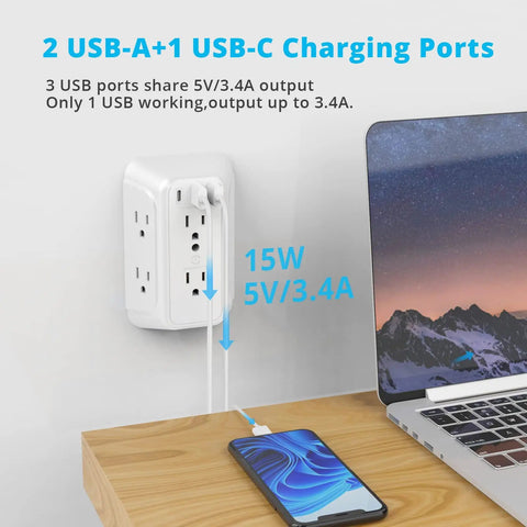 Power Strip With Wall Mount, 6 Outlets And 3 USB Ports Including 1 USB C Fast Charge, 3.4A Total, 900J Surge Protector, ETL Listed