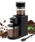 Wancle Electric Conical Burr Coffee Grinder With 25 Adjustable Grind Settings For Espresso Drip And French Press, black with coffee beans.