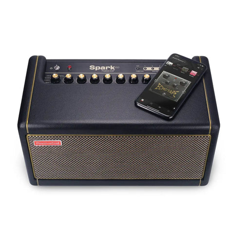Spark 40-Watt Combo Practice Amp for electric guitar, bass, and acoustic with mobile app on top, showcasing control panel.