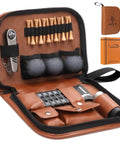 All In One Golf Gift Set For Men And Women With Rangefinder And Multi Function Golf Clubs Balls Brushes Scorekeeper Shafts Clips And Gift Box Complete On Course Accessory Kit in brown leather case