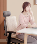 Cozy Heated Office Chair Cushion Pad With Strap For Desk Seat Warmer Home Leisure, soft fabric on a chair with a user seated.