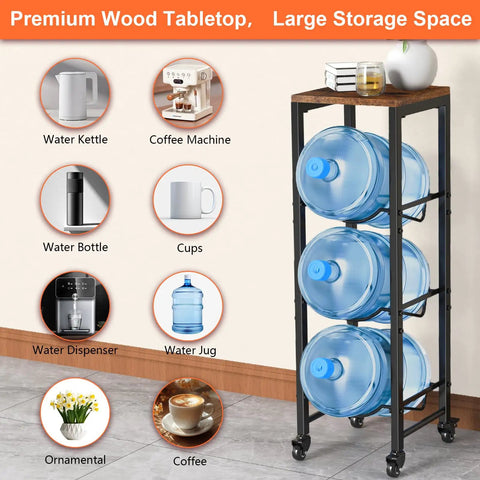 Heavy Duty Workhorse Three Tier Water Bottle Holder Holds Five Gallon Jugs Rolls Smooth On Lockable Casters With Rust Resistant Steel And Solid Wood Top Shelf Knocks Out Clutter In Any Garage