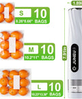 Handheld Vacuum Sealer For Food With 30 Reusable Bags showing size options S, M, L with oranges displayed, dimensions, and device height