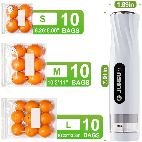 Handheld Vacuum Sealer For Food With 30 Reusable Bags showing size options S, M, L with oranges displayed, dimensions, and device height