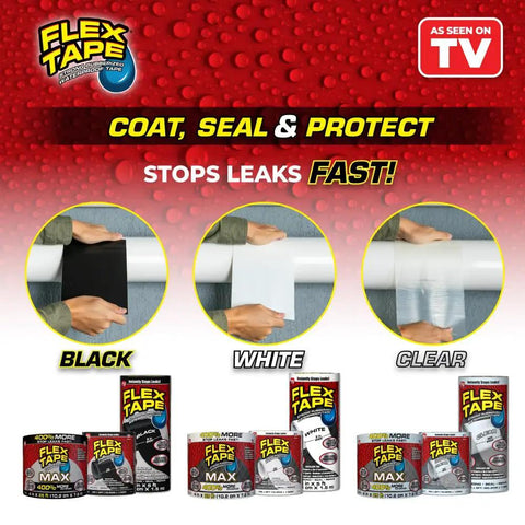 Image showing Black, White, and Clear versions of Heavy Duty Rubberized Waterproof Tape Black 4 Inch By 25 Foot for leaks and patches.