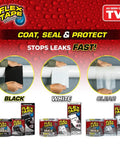 Max Thick Rubberized Waterproof Tape For Leaks Patch Up And Seal Like A Boss shown in black, white, and clear options with packaging