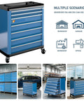 Heavy Duty Rolling Tool Chest With Seven Deep And Shallow Drawers Lockable Mobile Tool Cabinet On Swivel Wheels For Garage Organization, blue cart in garage setting.