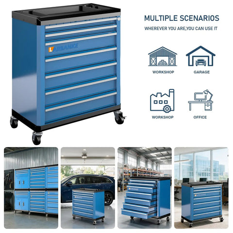 Heavy Duty Rolling Tool Chest With Seven Deep And Shallow Drawers Lockable Mobile Tool Cabinet On Swivel Wheels For Garage Organization, blue cart in garage setting.