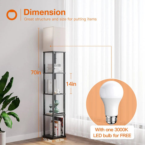 Five-Tier LED Shelf Floor Lamp With White Shade And 3CCT Bulb Foot Switch Space Saving Built-In Shelves Matte Black